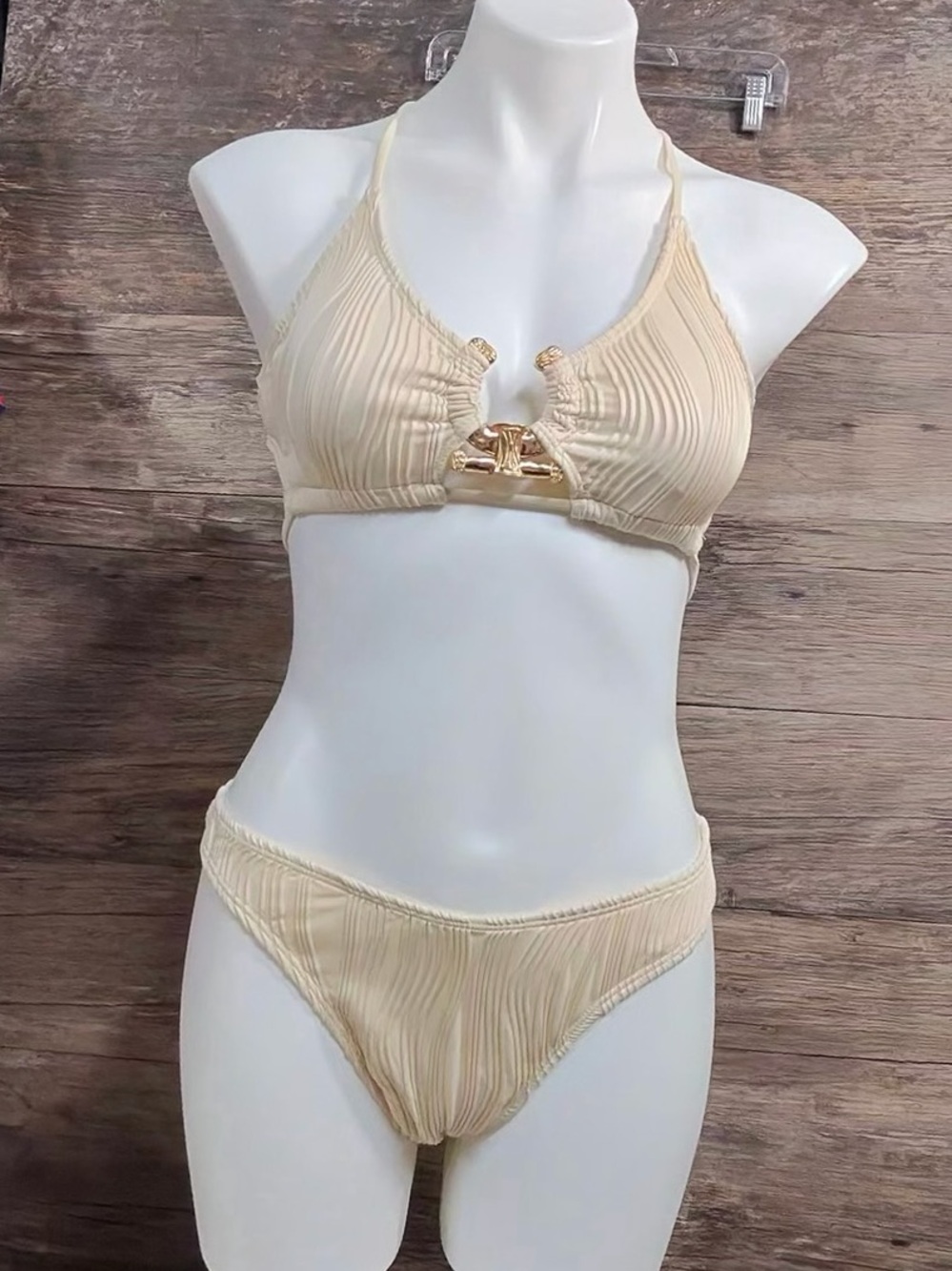 SHEIN Cream Textured Halter Bikini Set with Gold Accent